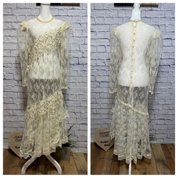 Vintage lace overlay slip appliqué ivory wedding lace dress - Picture 1 of 16